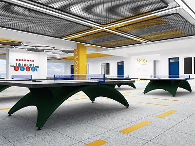 Indoor Table Tennis Fitness Training Area With Green Tables And Yellow Floor Lines 3d model