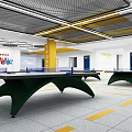 Indoor Table Tennis Fitness Training Area With Green Tables And Yellow Floor Lines