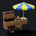 Colorful Striped Umbrella Hot Dog Cart With Condiments And Display Signs