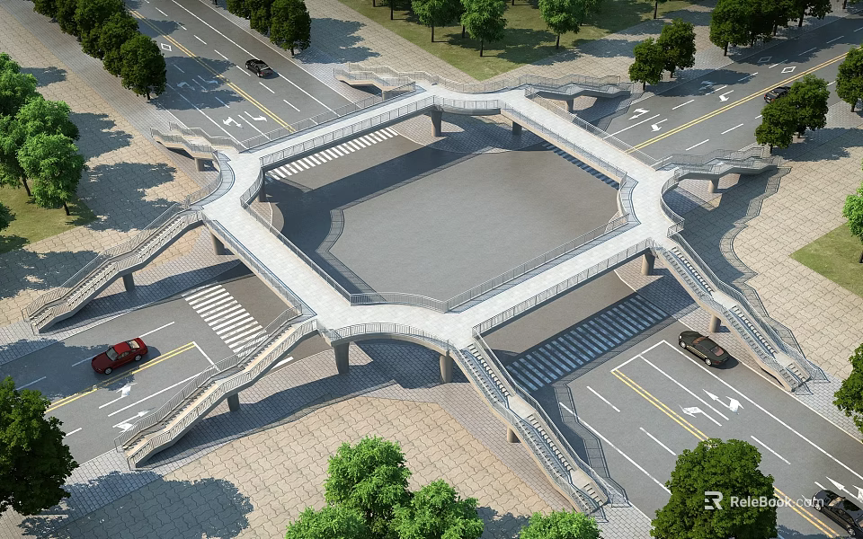 Modern Hexagonal Elevated Overpass Bridge With Busy Roads Cars And Trees 3d model 