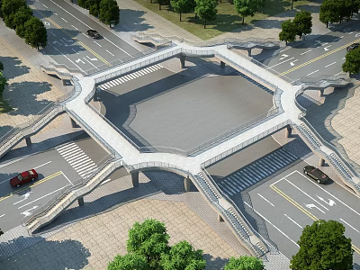 Modern Hexagonal Elevated Overpass Bridge With Busy Roads Cars And Trees 3d model