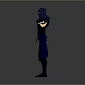 3D Rendered Blue Ninja Character With Masked Face And Outstretched Arms On Gray Background