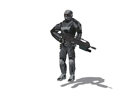 Game and Movie Character in Mechanical Armor with Mask Holding Large Firearm 3d model