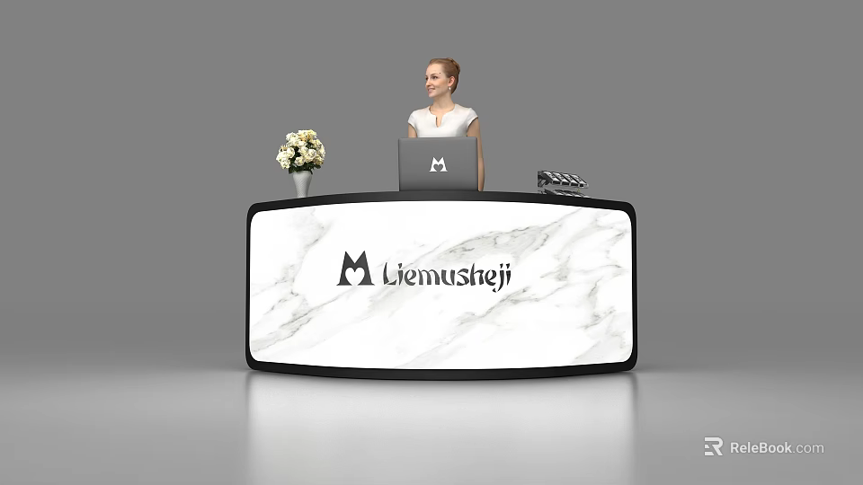 Elegant Modern Marble Reception Desk With Logo Laptop And Flower Vase 3d model 