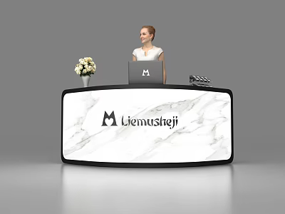 Elegant Modern Marble Reception Desk With Logo Laptop And Flower Vase 3d model