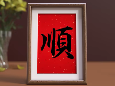 Wooden Photo Frame With Red Background Gold Speckles And Chinese Shun Calligraphy 3d model