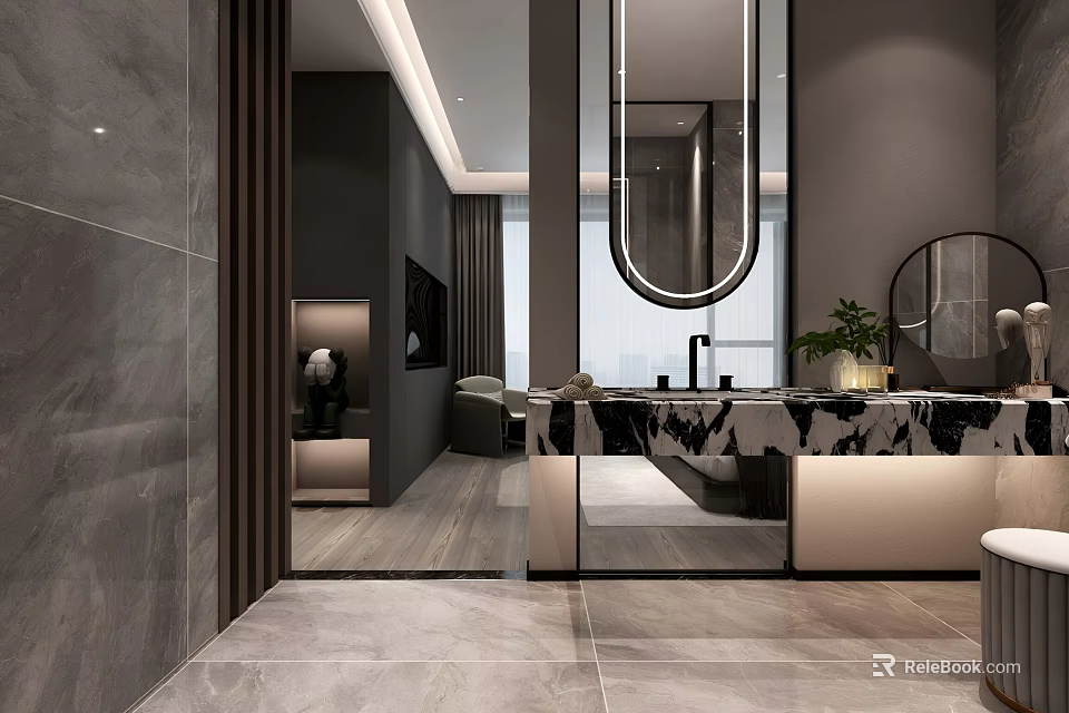 Modern Luxury Bathroom With Natural Marble Vanity And Elegant Backlit Mirror Interior Home Design 3d model 