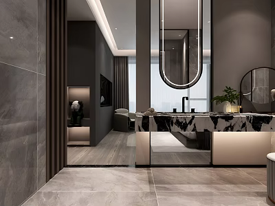 Modern Luxury Bathroom With Natural Marble Vanity And Elegant Backlit Mirror Interior Home Design 3d model