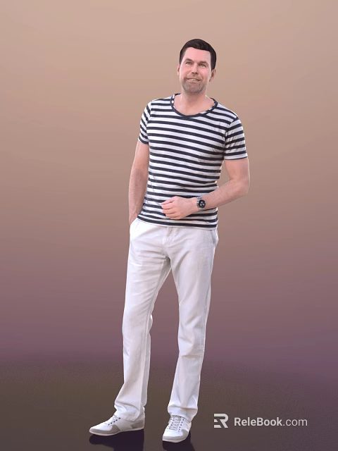Stylish Man Wearing Black And White Striped T Shirt White Pants And Wristwatch Standing 3d model 