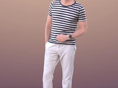 Stylish Man Wearing Black And White Striped T Shirt White Pants And Wristwatch Standing 3d model