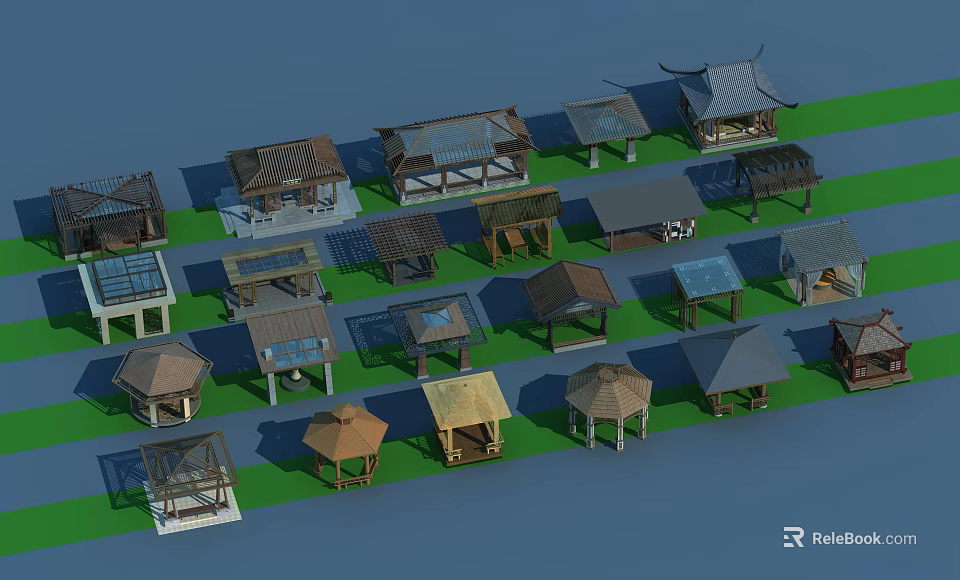 Traditional Pavilions of Various Styles Arranged on Green Grass with Blue Sky 3d model 