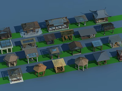Traditional Pavilions of Various Styles Arranged on Green Grass with Blue Sky 3d model