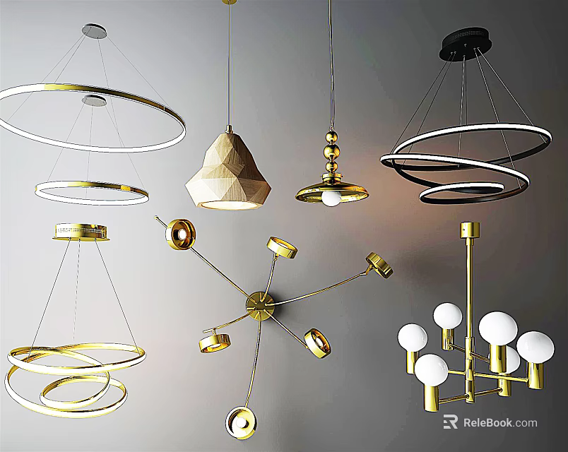 Modern Stylish Lighting Combinations With Gold Metal Frames Circular Rings Conical Shades And Spherical Bulbs 3d model 