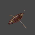 Vintage Wooden Sailboat With Oars Hanging Lit Lantern And Dark Background
