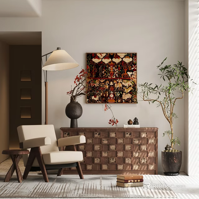 Modern Checkerboard Design Wooden Chest of Drawers with Decorative Painting Floor Lamp and Green Plant 3d model 