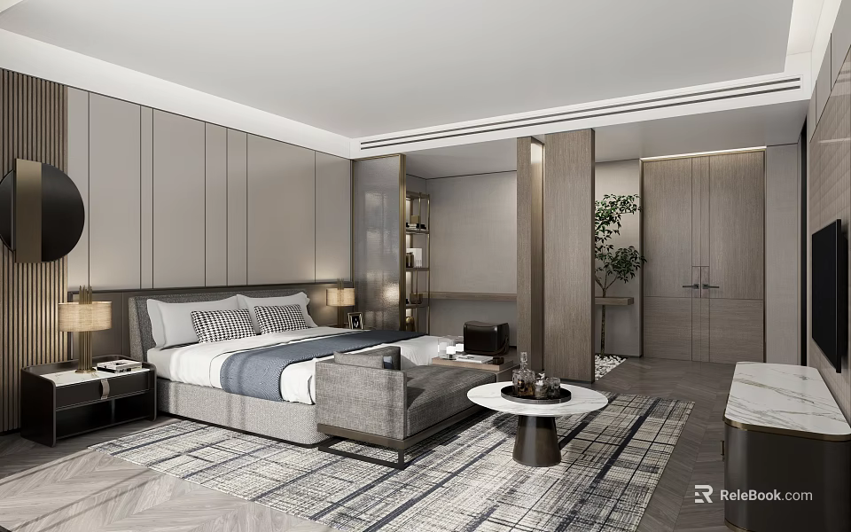 Modern Hotel Room Interior With Comfortable Bed Sofa Coffee Table And Decorative Plant 3d model 