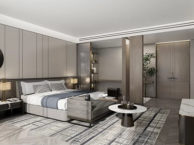 Modern Hotel Room Interior With Comfortable Bed Sofa Coffee Table And Decorative Plant 3d model