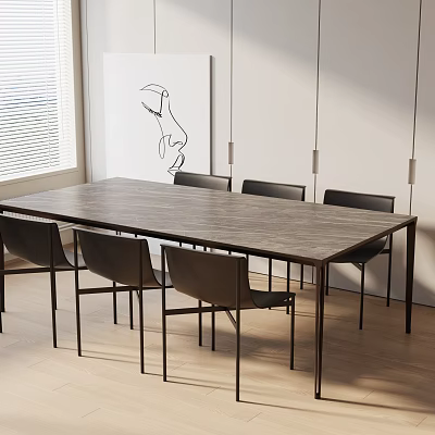 Modern Wooden Dining Table Set with Six Chairs Pendant Lights and Wall Art 3d model