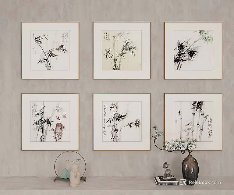 Six Framed Bamboo Plant Paintings Hanging On Gray Wall For Home Decor 3d model 