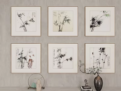 Six Framed Bamboo Plant Paintings Hanging On Gray Wall For Home Decor 3d model