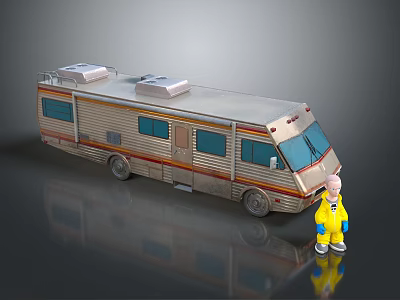 Silver RV With Brown Stripes Windows Roof Vents And Small Yellow Outfit Figure 3d model