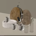 Stylish Dinnerware Set with Wooden Cutting Boards White Plates Mugs Wooden Utensils Clear Glass Bottles