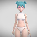 3D Game and Movie Character with Turquoise Bun Hair White Outfit Mechanical Arm and Knee