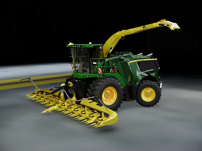 Green Agricultural Harvester With Yellow Cutting Equipment And Extended Mechanical Arm 3d model