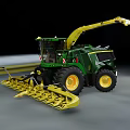 Green Agricultural Harvester With Yellow Cutting Equipment And Extended Mechanical Arm