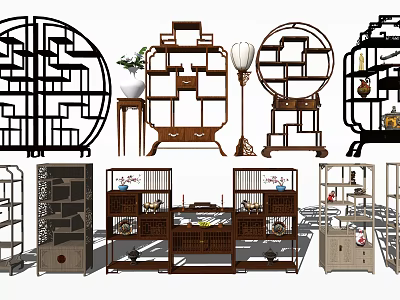 Intricate Traditional Chinese Wooden Display Shelves For Antiques And Decor Items 3d model