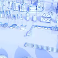 Blue Urban City Architecture Model With Various Buildings Bridges And Roads