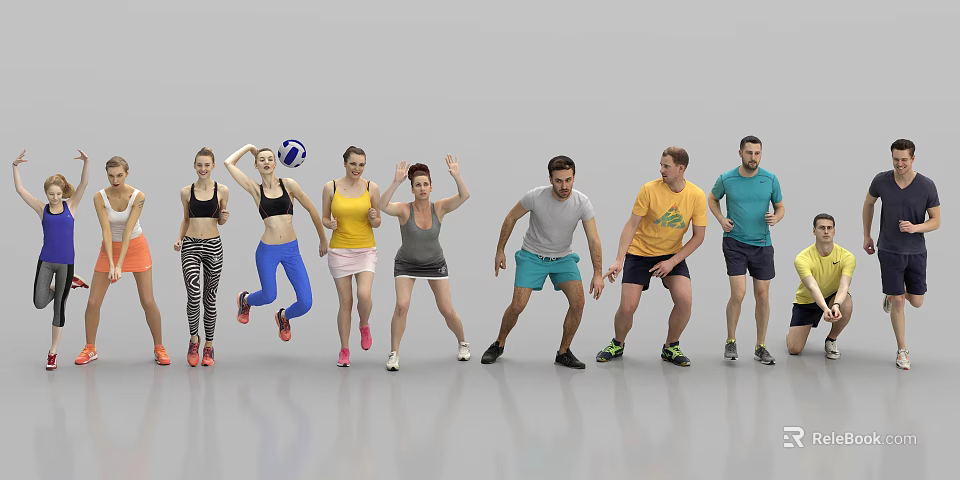 Group of People Doing Various Exercises in Activewear with Dynamic Poses 3d model 