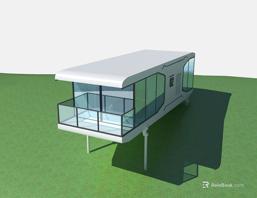 Modern Guesthouse Building With White Roof Large Glass Windows And Balcony On Green Grass 3d model 