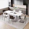 Modern Dining Table Set With White Table Top Chairs Plant And Kitchen Cabinets 3d model