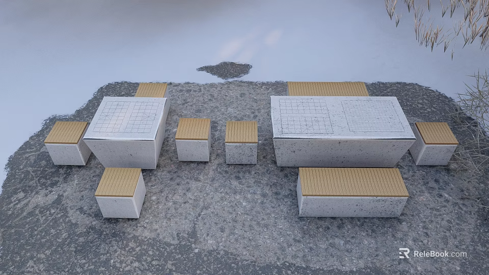 Outdoor Concrete Table And Chair Set With Grid Patterns And Wooden Tops 3d model 