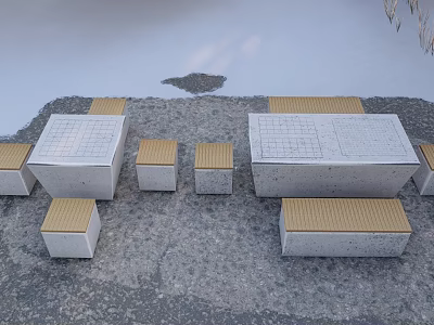 Outdoor Concrete Table And Chair Set With Grid Patterns And Wooden Tops 3d model