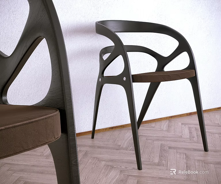 Modern Leisure Chair With Black Frame Brown Cushion And Curved Armrests On Herringbone Wooden Floor 3d model 