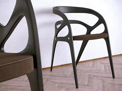 Modern Leisure Chair With Black Frame Brown Cushion And Curved Armrests On Herringbone Wooden Floor 3d model