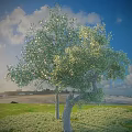Tall Tree With Lush Green Leaves Under Blue Sky Clouds Near Grass Field And Beach