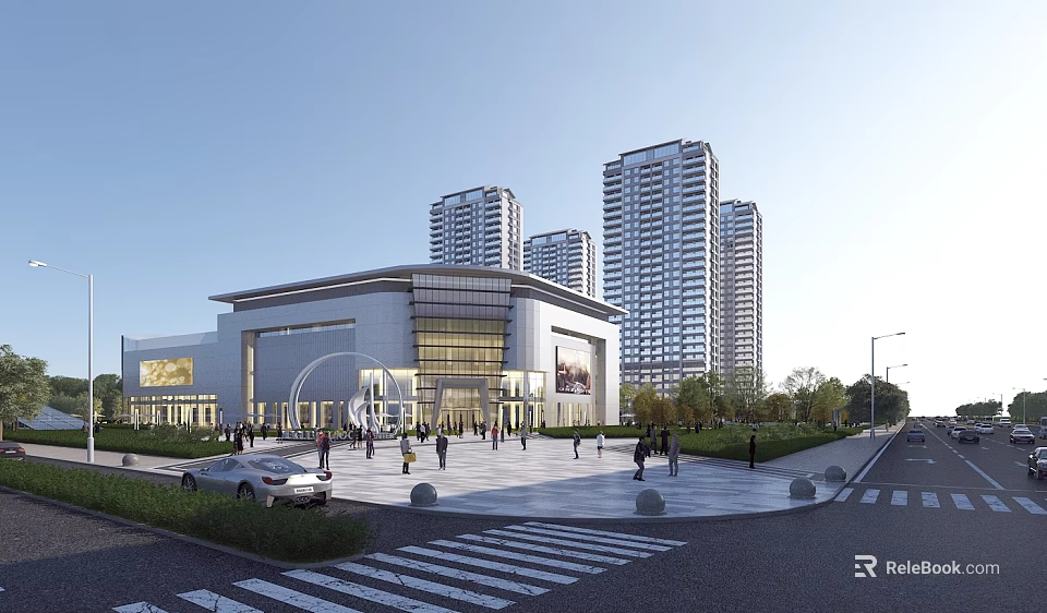 Modern Commercial Street With Shopping Mall Building Tall Buildings Pedestrian Plaza Greenery And Street Lamps 3d model 