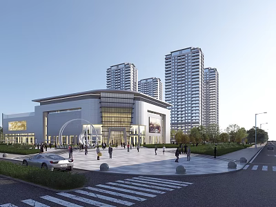 Modern Commercial Street With Shopping Mall Building Tall Buildings Pedestrian Plaza Greenery And Street Lamps 3d model