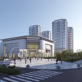 Modern Commercial Street With Shopping Mall Building Tall Buildings Pedestrian Plaza Greenery And Street Lamps