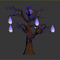 Decorative Tree with Brown Trunk Blue Leaves and Pink Pear Shaped Fruits