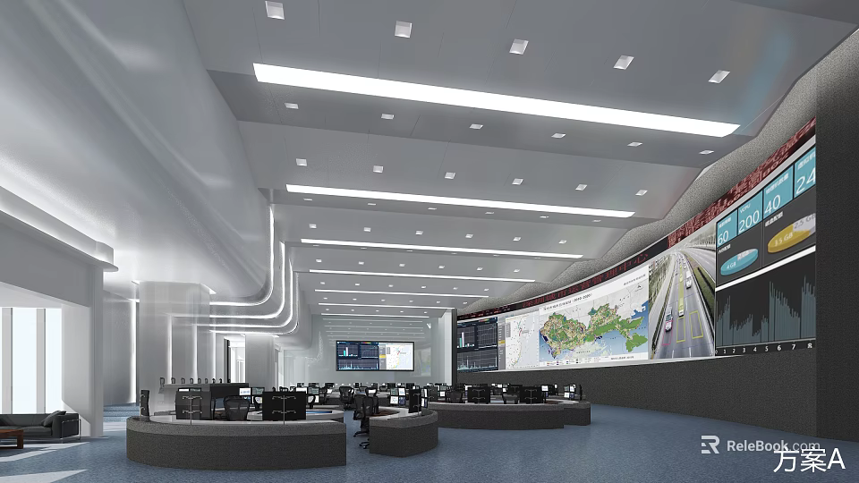 Modern Monitoring Room Interior With Multiple Displays Control Consoles And Large Map 3d model 