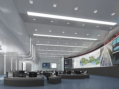 Modern Monitoring Room Interior With Multiple Displays Control Consoles And Large Map 3d model