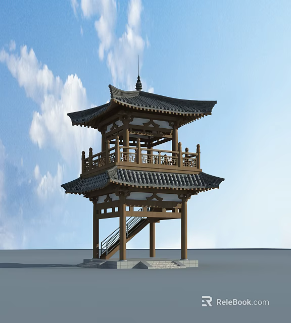Two Story Traditional Chinese Wooden Pavilion Featuring Flying Eaves Staircase And Blue Sky White Clouds 3d model 