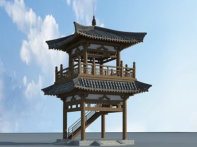 Two Story Traditional Chinese Wooden Pavilion Featuring Flying Eaves Staircase And Blue Sky White Clouds 3d model