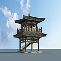 Two Story Traditional Chinese Wooden Pavilion Featuring Flying Eaves Staircase And Blue Sky White Clouds