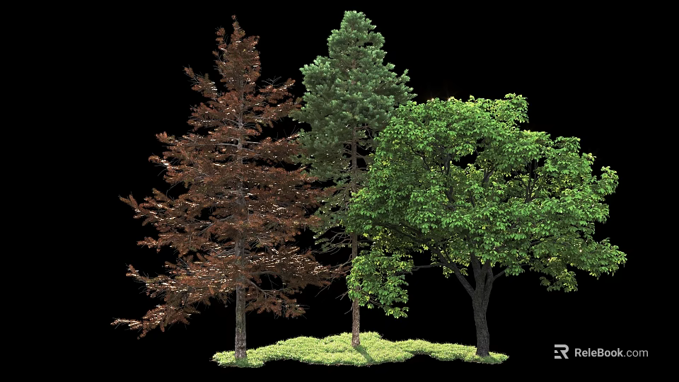 Three Various Colored Arbor Trees With Lush Green Grass 3d model 
