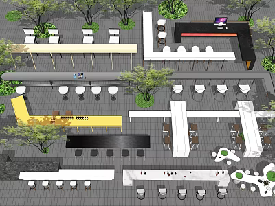 Modern Café Layout With Stylish Table and Chair Sets Bar Counter and Green Plants 3d model